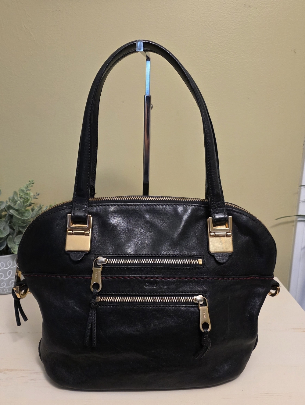 Chloe | Black Leather Angie Tote Shoulder Bag With Gold Hardware